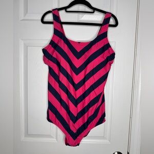 LANDS END NWT Hot Pink/Navy Striped One Piece Bathing Suit Chlorine Resistant 16